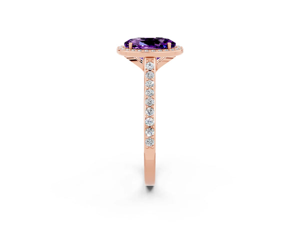 Rose gold Oval Cut Amethyst Halo Engagement Ring with Round Pavé Shoulders and Prong Setting