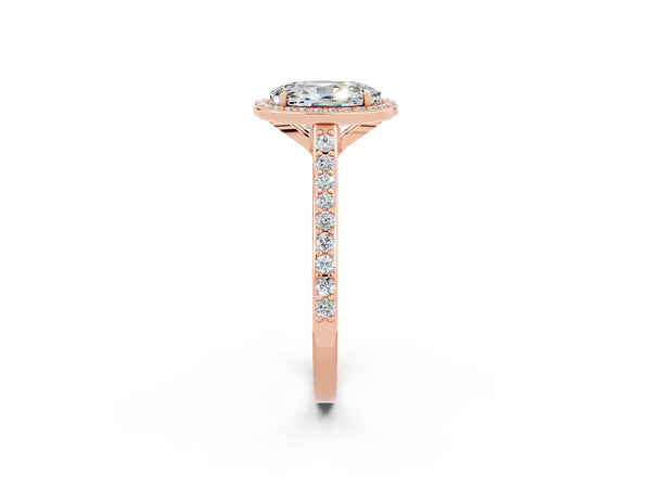Rose gold Oval Cut Moissanite Halo Engagement Ring with Round Pavé Shoulders and Prong Setting