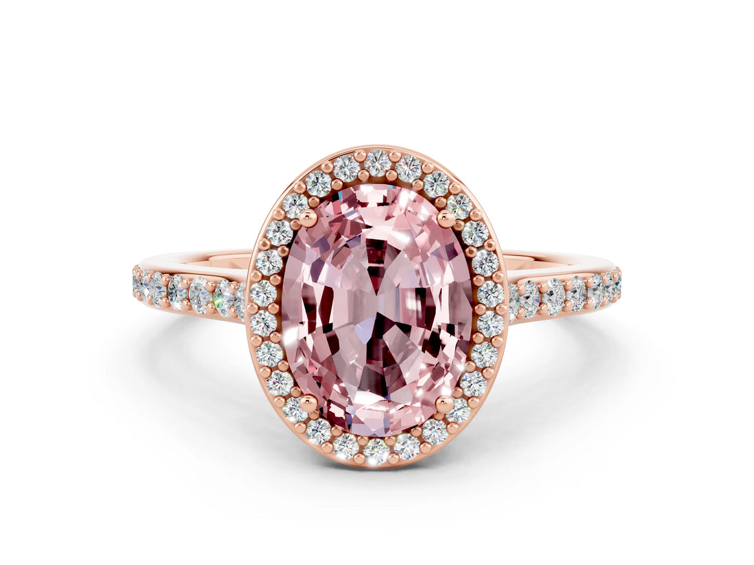 Rose gold Oval Cut Halo Round Diamond Pavé Band with Four-Prong Setting