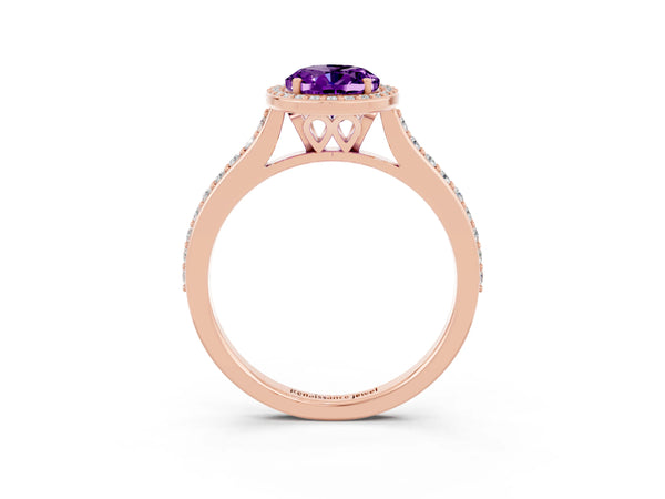 Rose gold Oval Cut Amethyst Halo Engagement Ring with Round Pavé Shoulders and Prong Setting