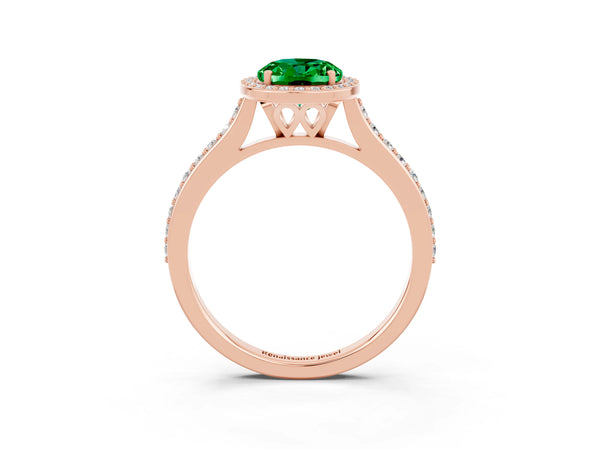 Rose gold Oval Cut Emerald Halo Engagement Ring with Round Pavé Shoulders and Prong Setting
