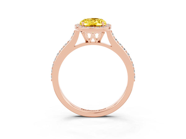 Rose gold Oval Cut Yellow Sapphire Halo Engagement Ring with Round Pavé Shoulders and Prong Setting