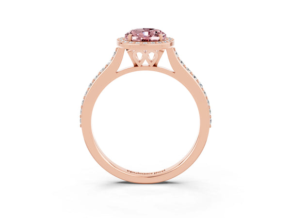 Rose gold Oval Cut Halo Round Diamond Pavé Band with Four-Prong Setting