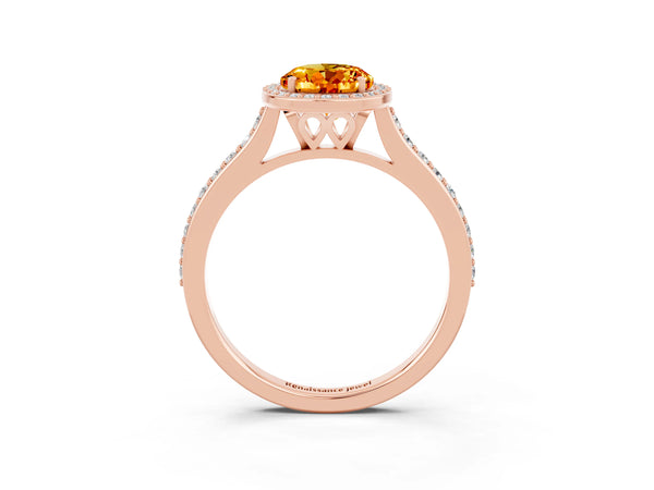 Rose gold Oval Cut Citrine Halo Engagement Ring with Round Pavé Shoulders and Prong Setting