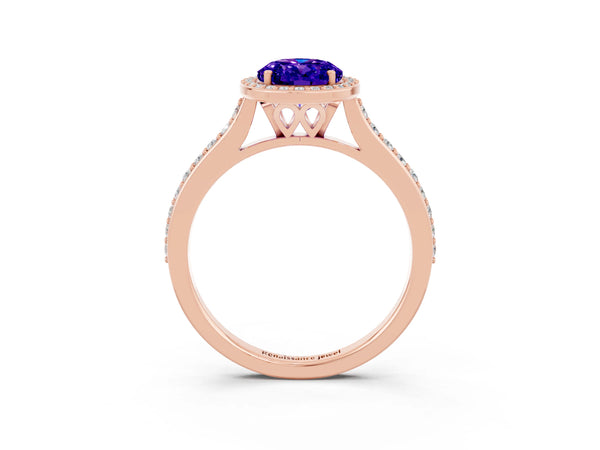 Rose gold Oval Cut Tanzanite Halo Engagement Ring with Round Pavé Shoulders and Prong Setting