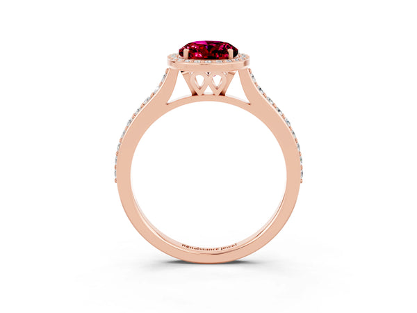 Rose gold Oval Cut Garnet Halo Engagement Ring with Round Pavé Shoulders and Prong Setting