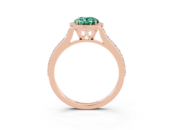Rose gold Oval Cut Green Sapphire Halo Engagement Ring with Round Pavé Shoulders and Prong Setting