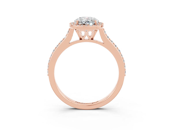 Rose gold Oval Cut Moissanite Halo Engagement Ring with Round Pavé Shoulders and Prong Setting
