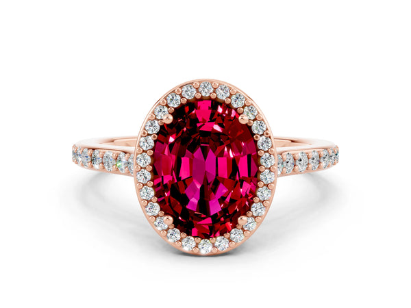 Rose gold Oval Cut Garnet Halo Engagement Ring with Round Pavé Shoulders and Prong Setting