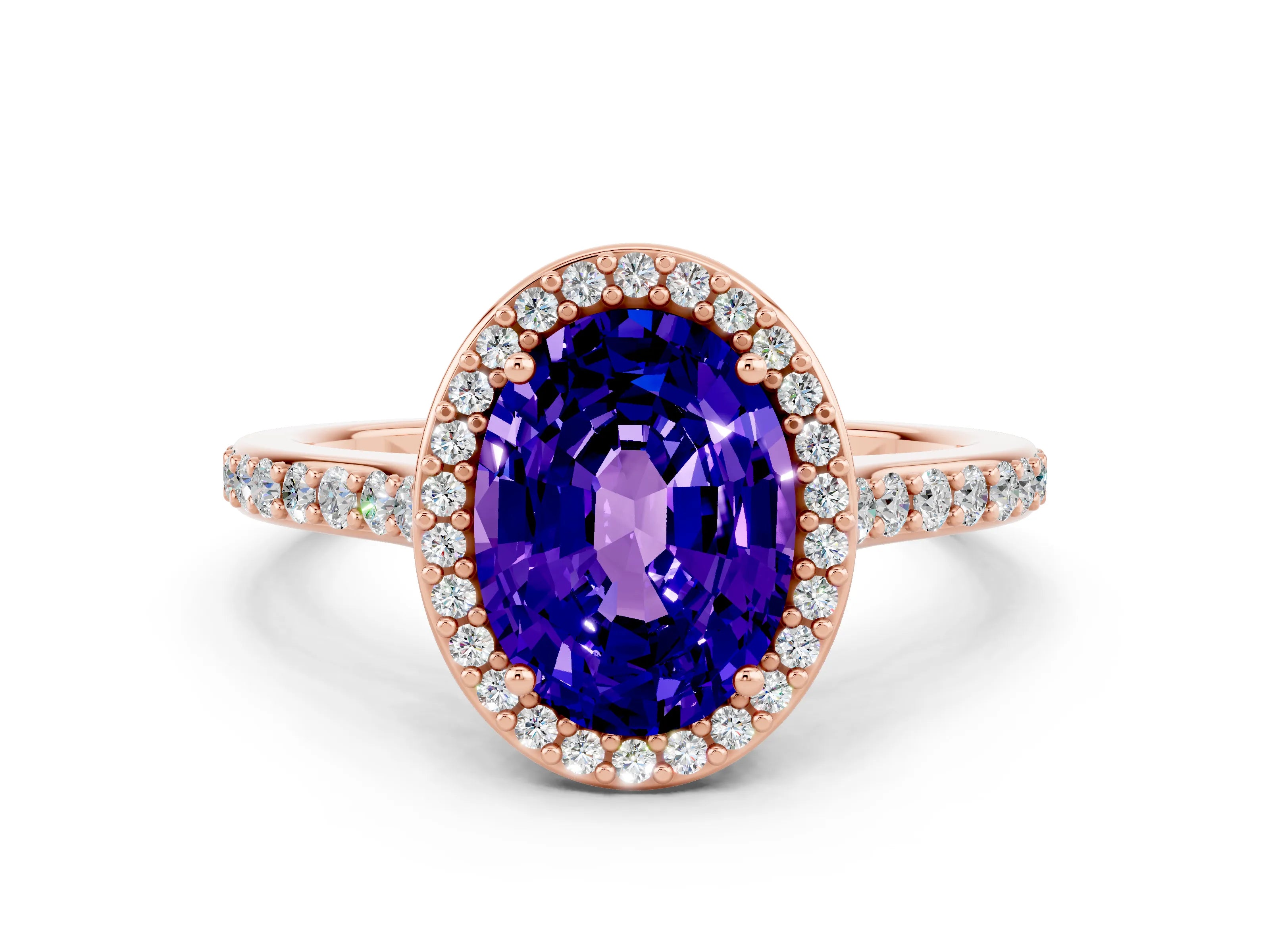 Rose gold Oval Cut Halo Round Diamond Pavé Band with Four-Prong Setting