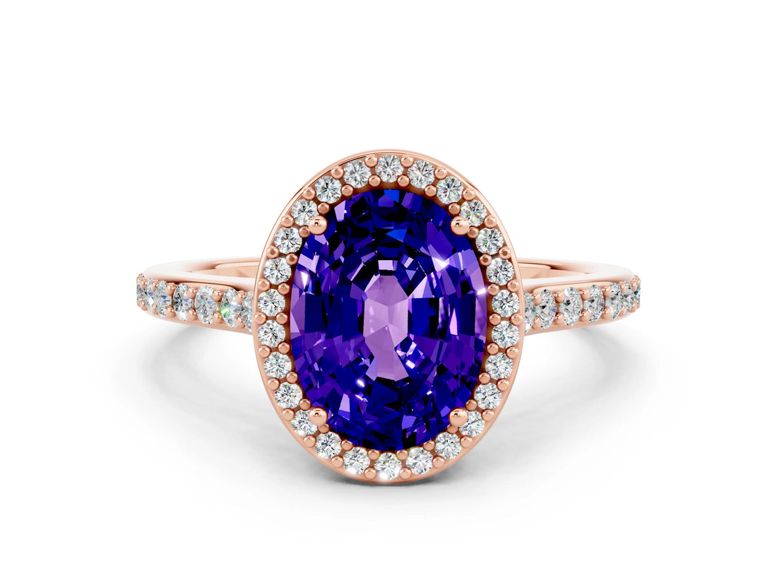 Rose gold Oval Cut Halo Round Diamond Pavé Band with Four-Prong Setting