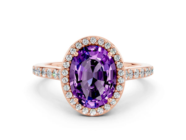 Rose gold Oval Cut Amethyst Halo Engagement Ring with Round Pavé Shoulders and Prong Setting