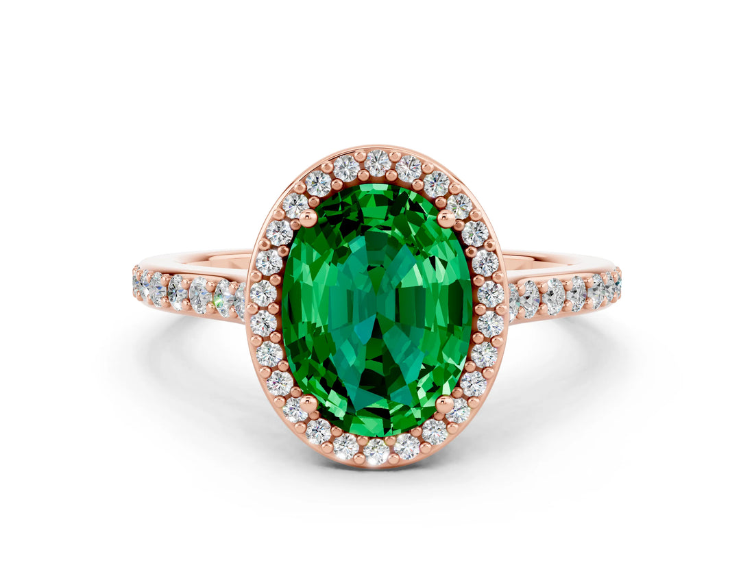 Rose gold Oval Cut Halo Round Diamond Pavé Band with Four-Prong Setting