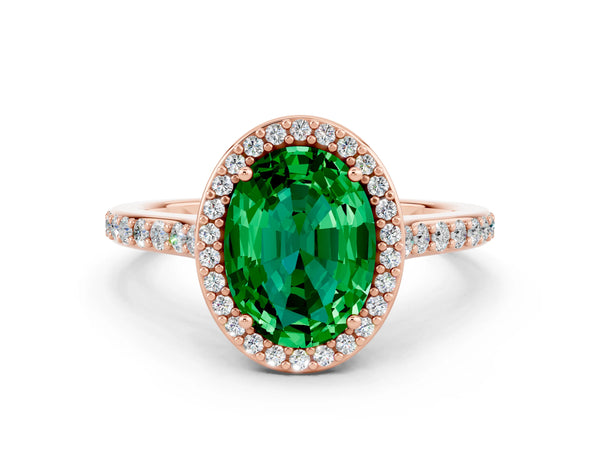 Rose gold Oval Cut Emerald Halo Engagement Ring with Round Pavé Shoulders and Prong Setting
