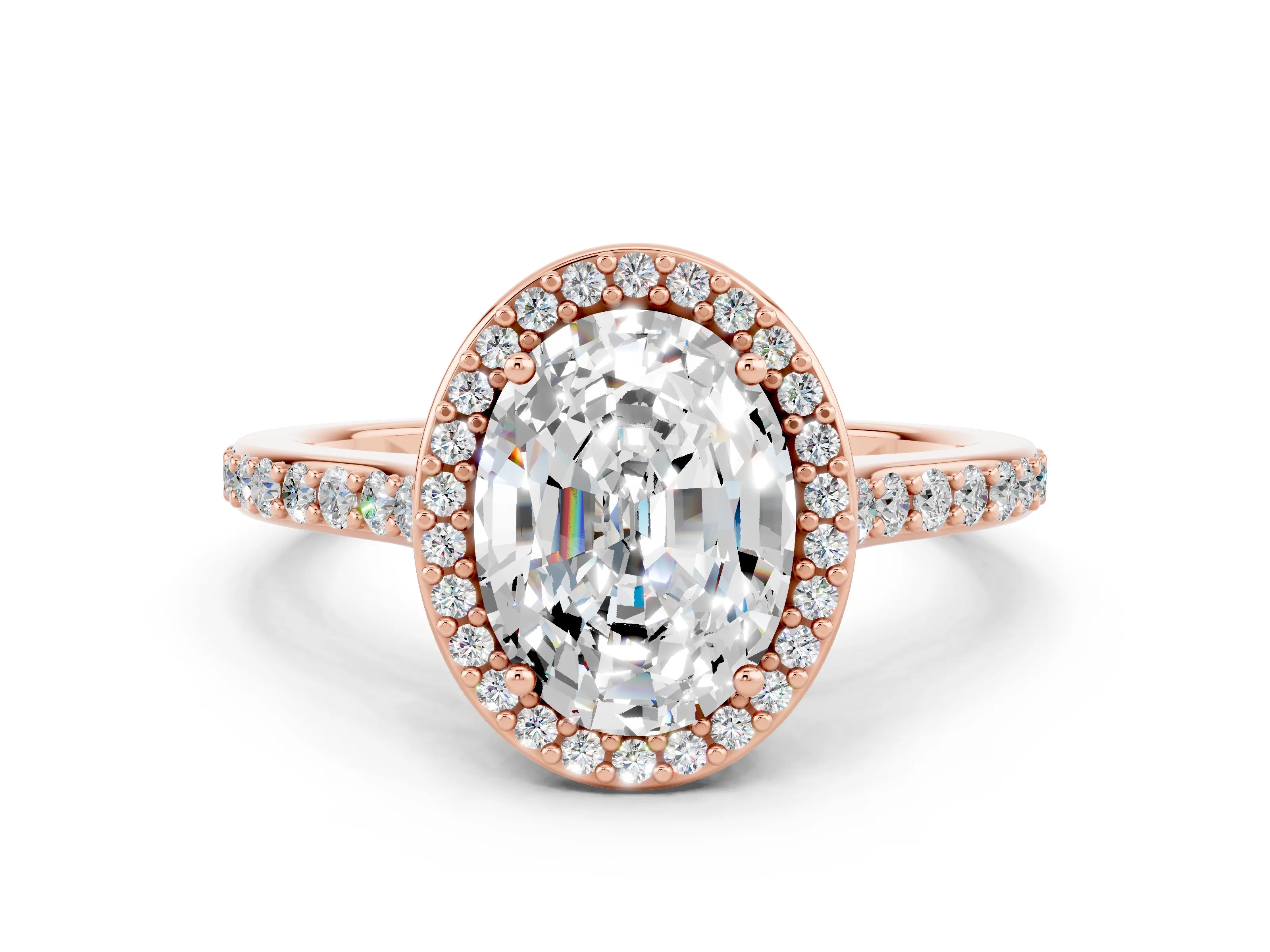 Rose gold Oval Cut Halo Round Diamond Pavé Band with Four-Prong Setting