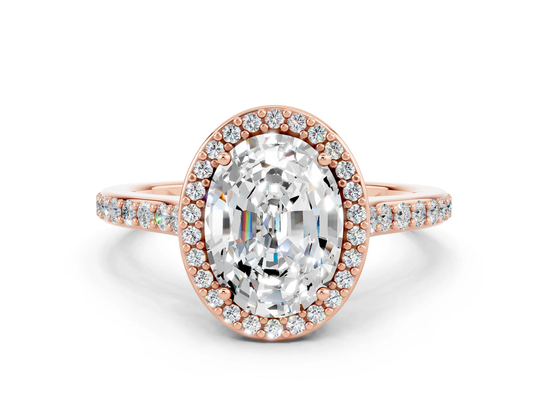 Rose gold Oval Cut Halo Round Diamond Pavé Band with Four-Prong Setting