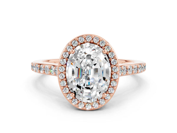 Rose gold Oval Cut Moissanite Halo Engagement Ring with Round Pavé Shoulders and Prong Setting