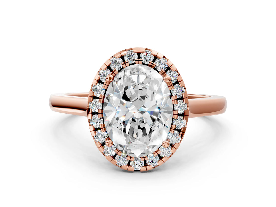 Rose gold Oval Cut Halo Round Diamond Solitaire Ring with Pavé Band and Four-Prong Setting