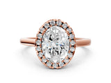 Rose gold Oval Cut Halo Round Diamond Solitaire Ring with Pavé Band and Four-Prong Setting