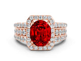 Rose gold Oval Cut Halo Ruby Ring with Split Shank and Four-Prong Setting