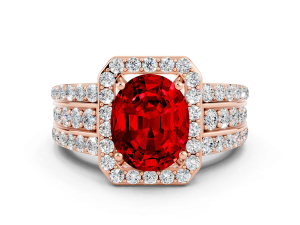 Rose gold Oval Cut Halo Ruby Ring with Round  Split Shank and Prong Setting