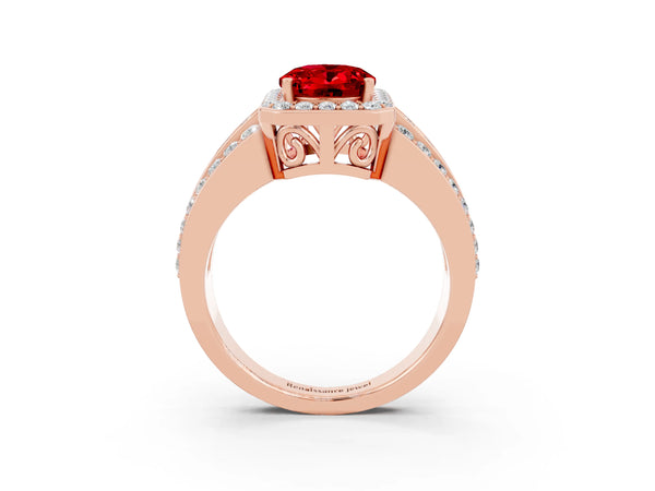 Rose gold Oval Cut Halo Ruby Ring with Round  Split Shank and Prong Setting