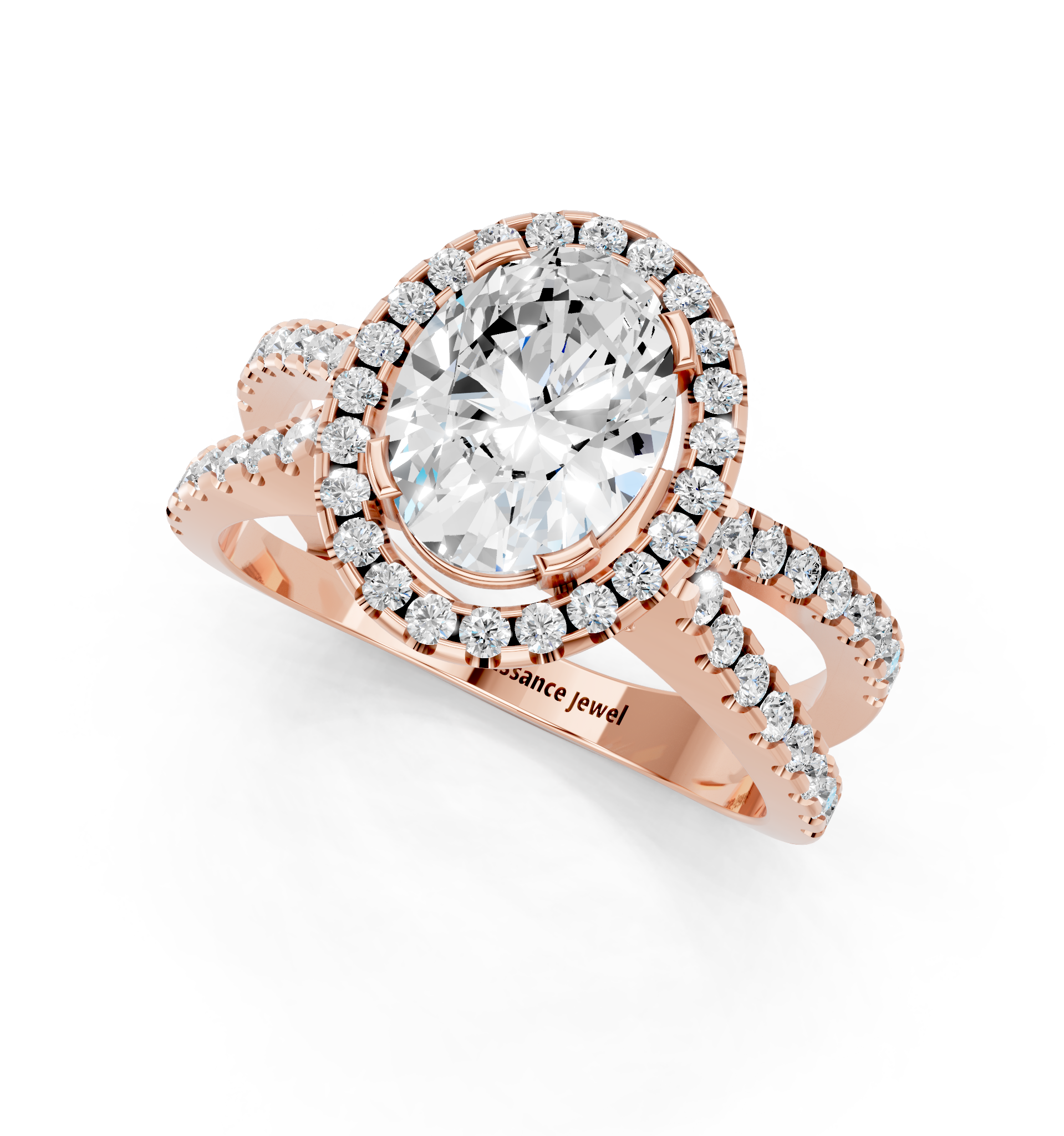 Rose gold Oval Cut Halo Split Shank Pave Set Ring_24