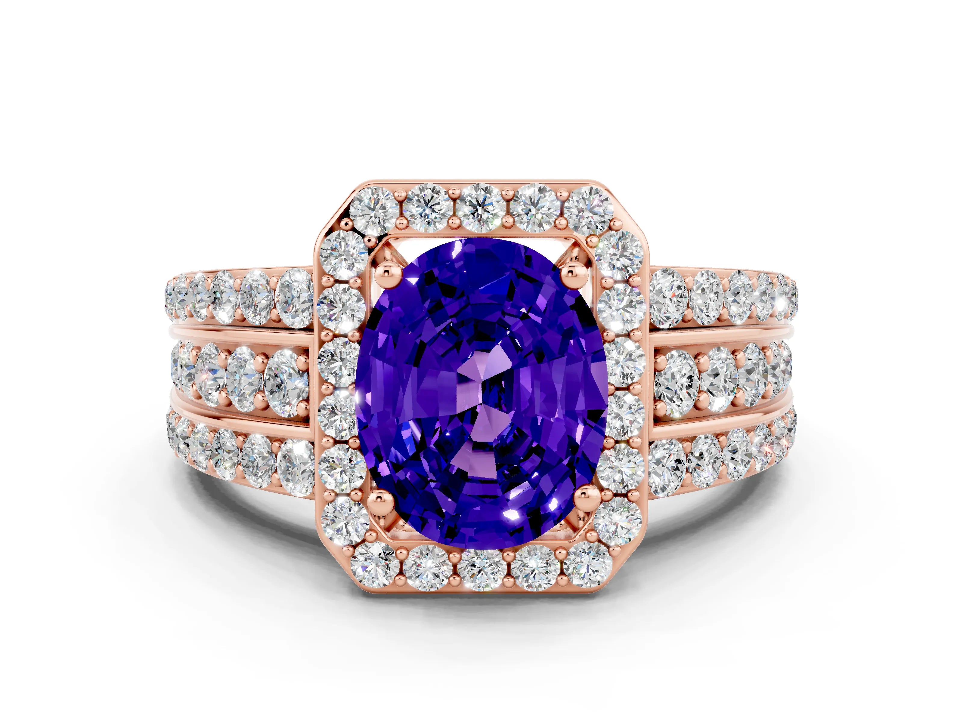 Rose gold Oval Cut Halo Tanzanite Ring with Split Shank and Four-Prong Setting