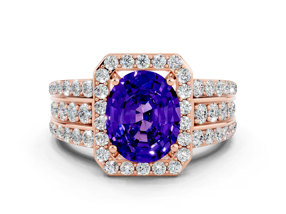Rose gold Oval Cut Halo Tanzanite Ring with Split Shank and Four-Prong Setting