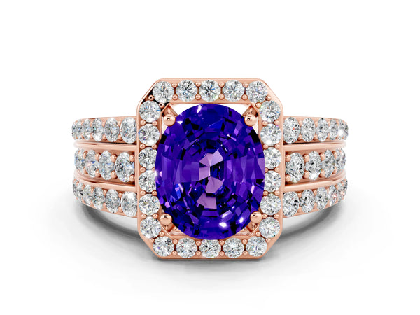 Rose gold Oval Cut Halo Tanzanite Ring with Round  Split Shank and Prong Setting