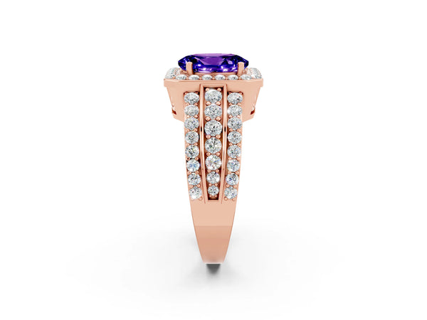 Rose gold Oval Cut Halo Tanzanite Ring with Round  Split Shank and Prong Setting