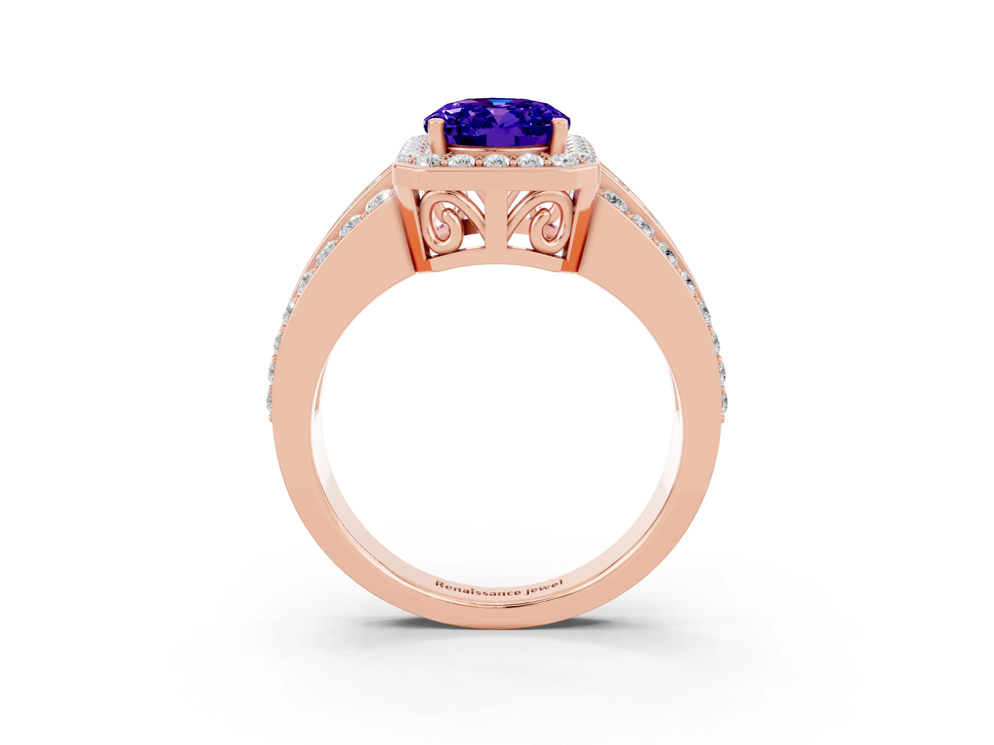 Rose gold Oval Cut Halo Tanzanite Ring with Split Shank and Four-Prong Setting_3