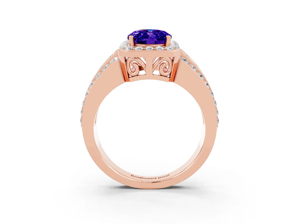 Rose gold Oval Cut Halo Tanzanite Ring with Round  Split Shank and Prong Setting