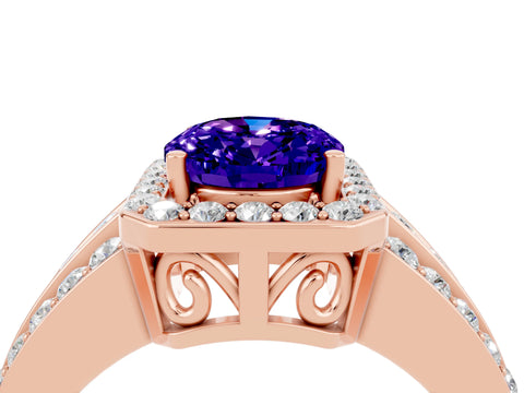 Rose gold Oval Cut Halo Tanzanite Ring with Split Shank and Four-Prong Setting_4