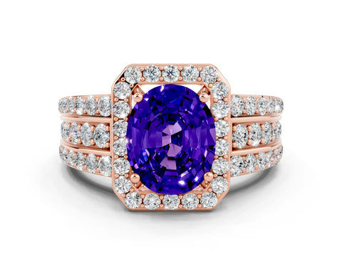 Rose gold Oval Cut Halo Tanzanite Ring with Split Shank and Four-Prong Setting