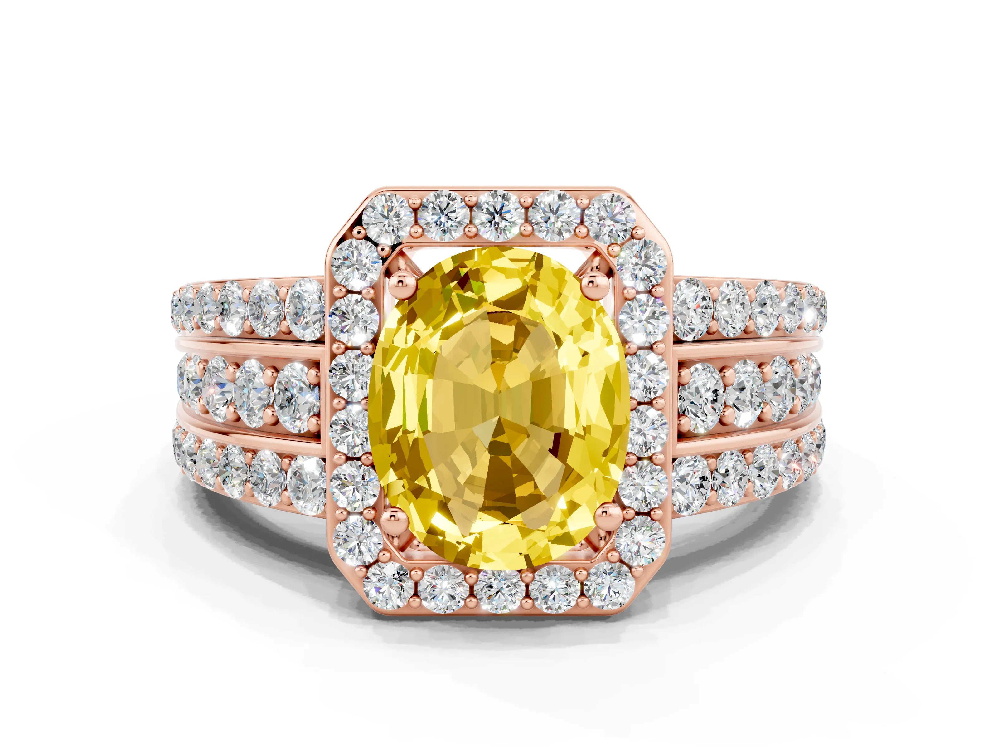 Rose gold Oval Cut Halo Yellow Sapphire Ring with Split Shank and Four-Prong Setting_24