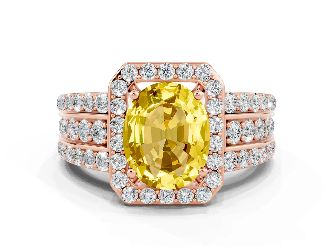 Rose gold Oval Cut Halo Yellow Sapphire Ring with Split Shank and Four-Prong Setting_24