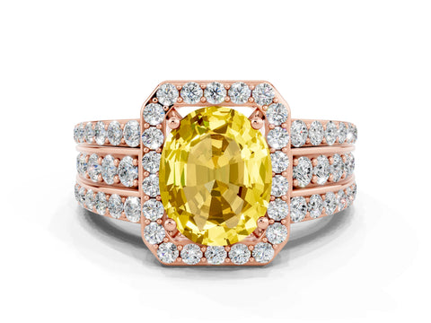 Rose gold Oval Cut Halo Yellow Sapphire Ring with Split Shank and Four-Prong Setting_24