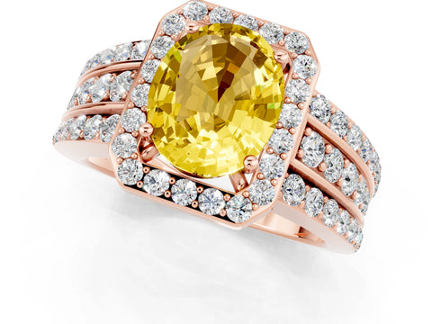 Rose gold Oval Cut Halo Yellow Sapphire Ring with Split Shank and Four-Prong Setting_25