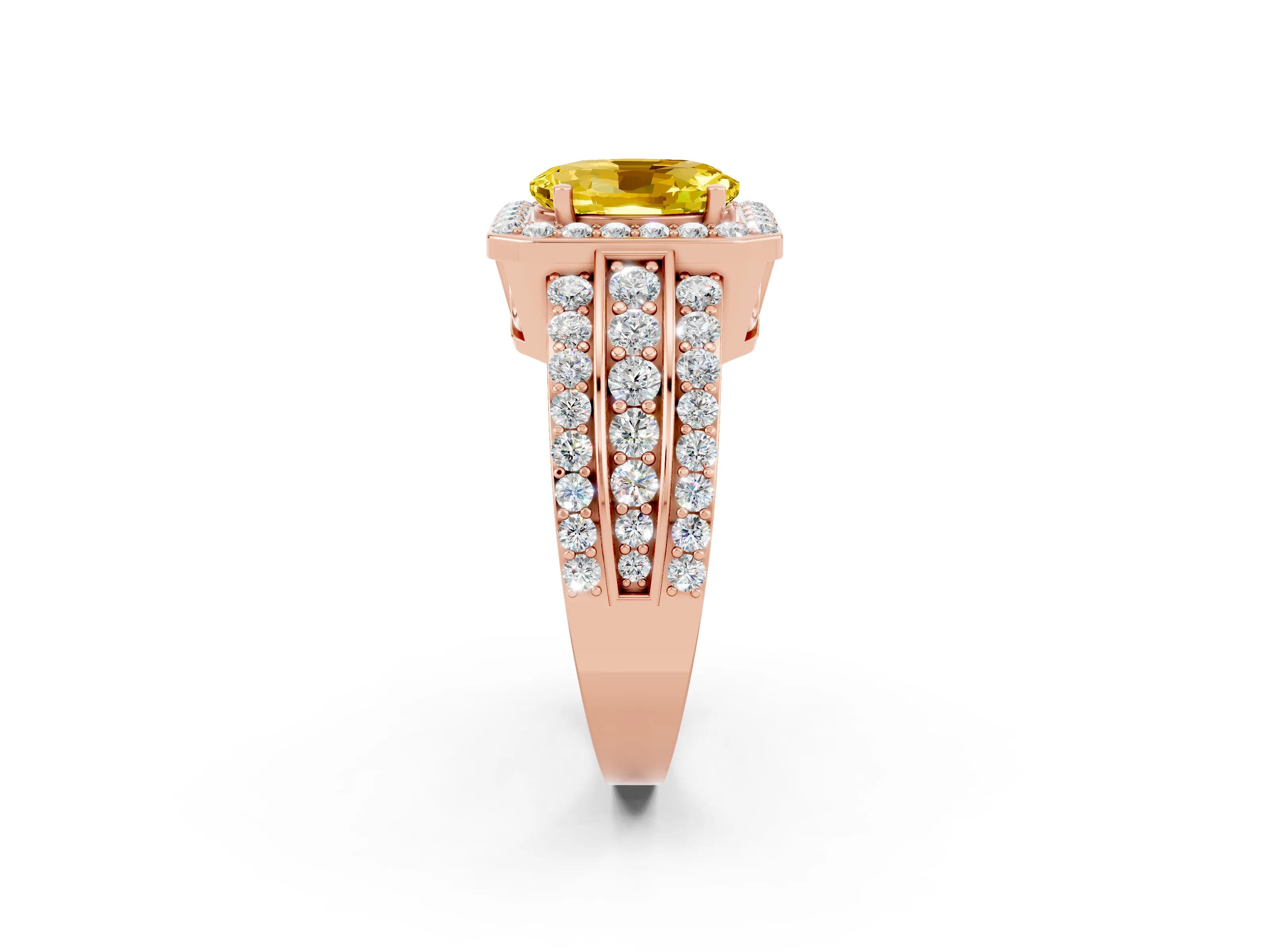 Rose gold Oval Cut Halo Yellow Sapphire Ring with Split Shank and Four-Prong Setting_26