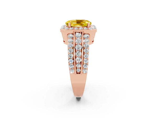 Rose gold Oval Cut Halo Yellow Sapphire Ring with Round  Split Shank and Prong Setting