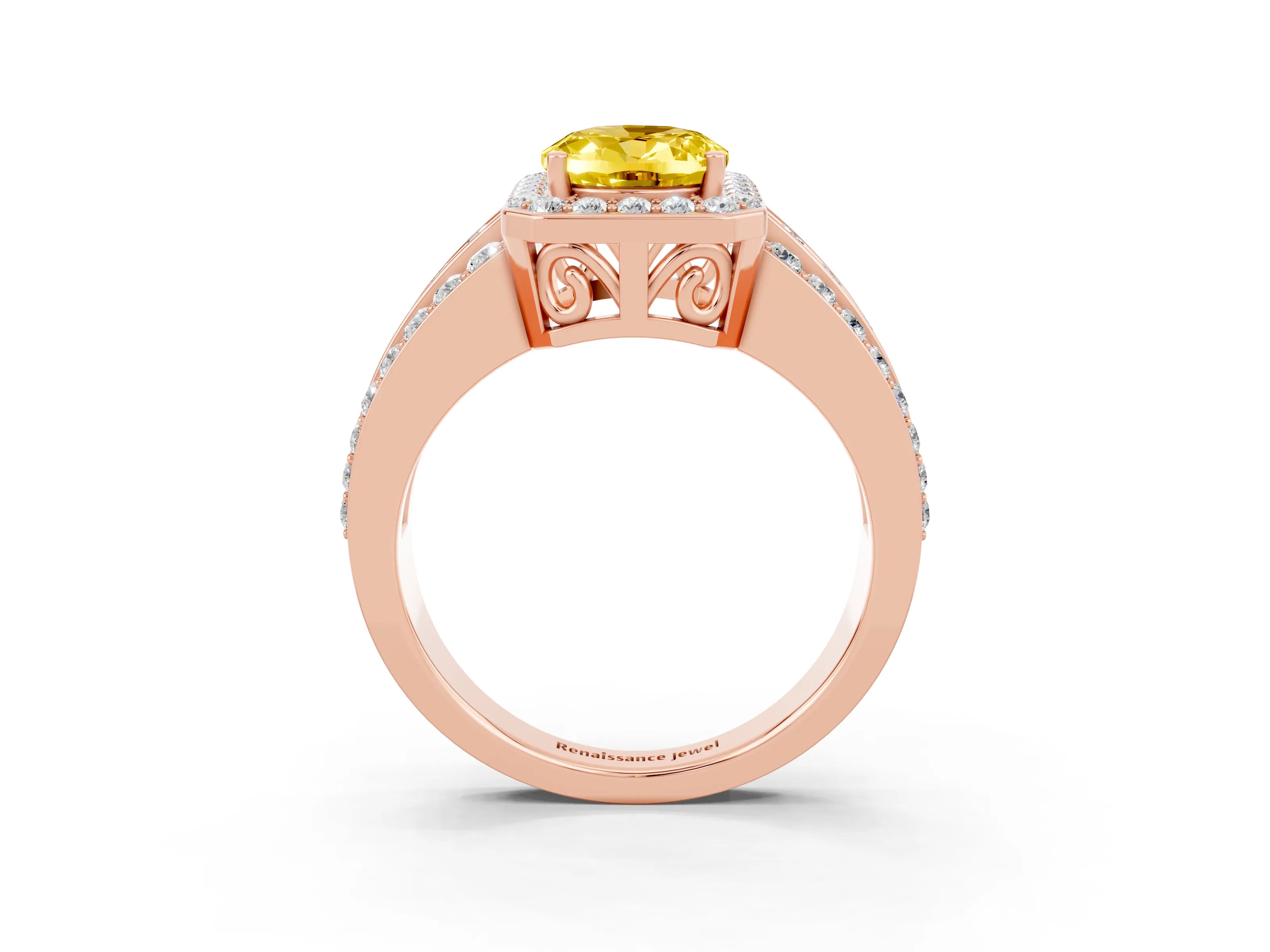Rose gold Oval Cut Halo Yellow Sapphire Ring with Split Shank and Four-Prong Setting_27