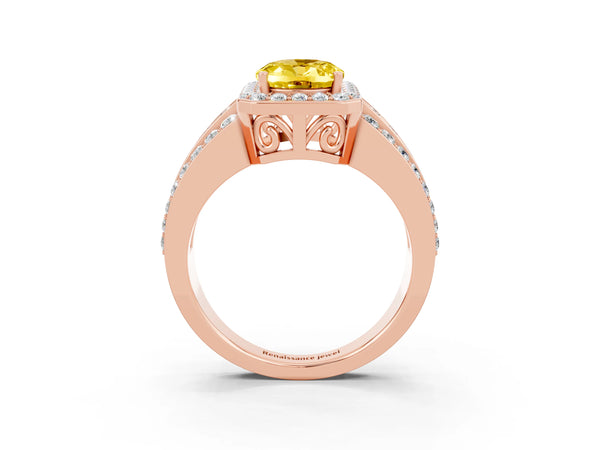 Rose gold Oval Cut Halo Yellow Sapphire Ring with Round  Split Shank and Prong Setting