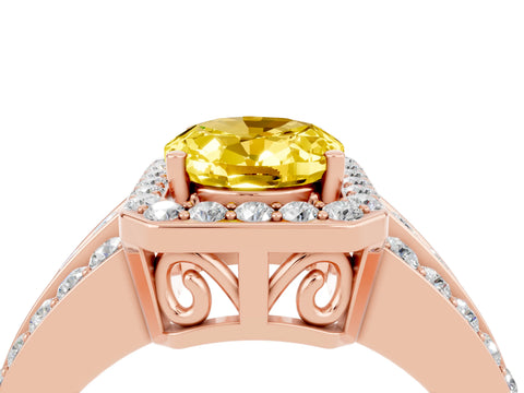 Rose gold Oval Cut Halo Yellow Sapphire Ring with Split Shank and Four-Prong Setting_28