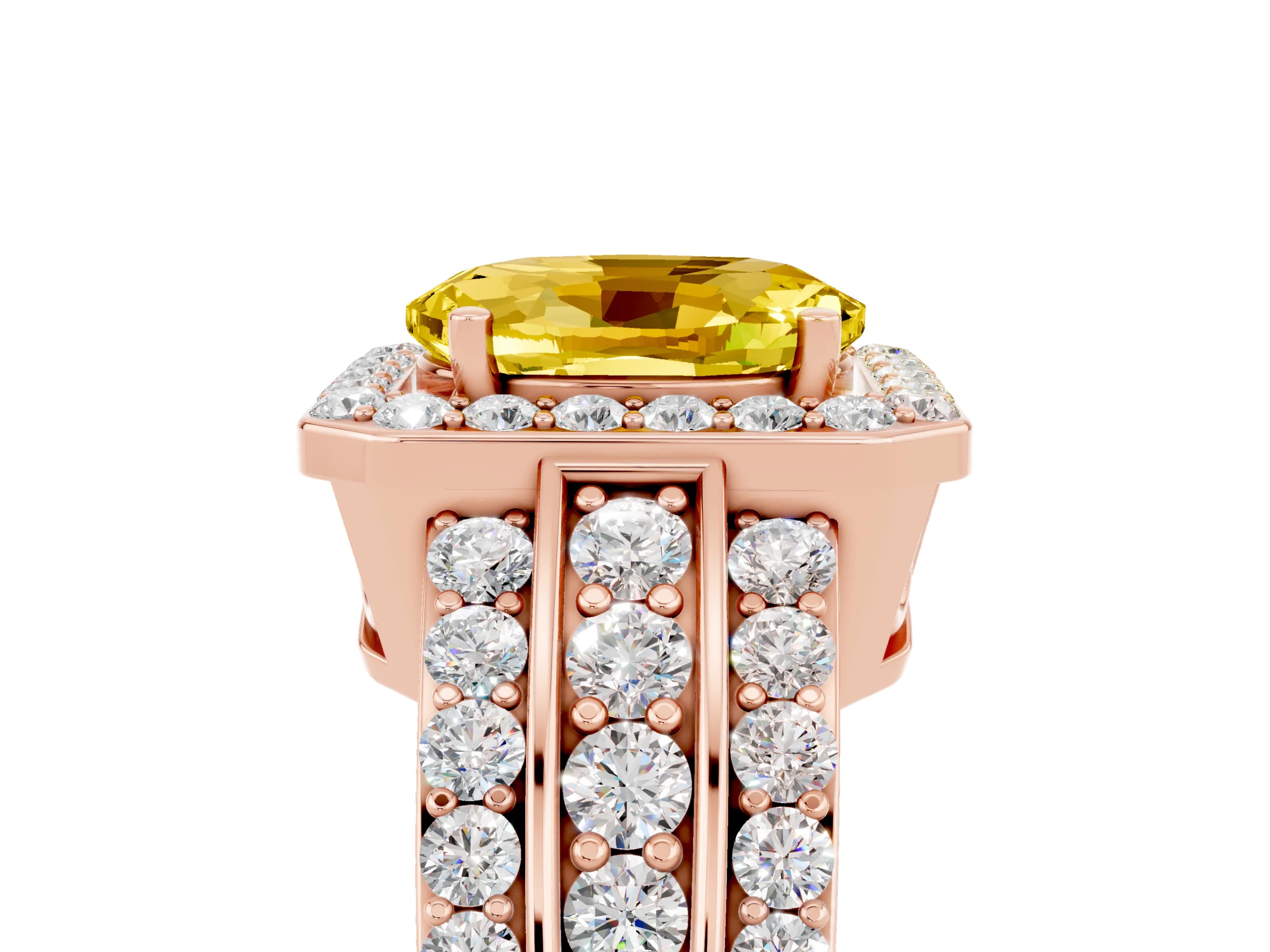 Rose gold Oval Cut Halo Yellow Sapphire Ring with Split Shank and Four-Prong Setting_29