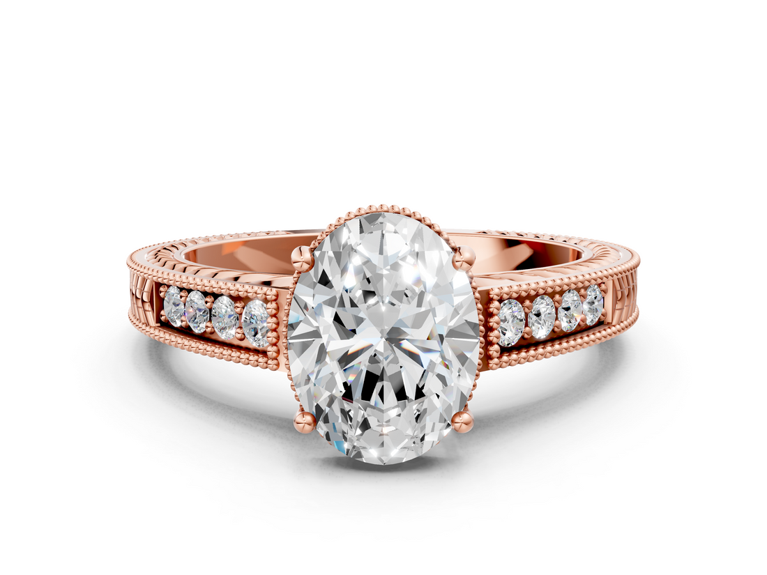 Rose gold Oval Cut Milgrain Channel Set Engagement Ring with Solitaire Prong Setting_70