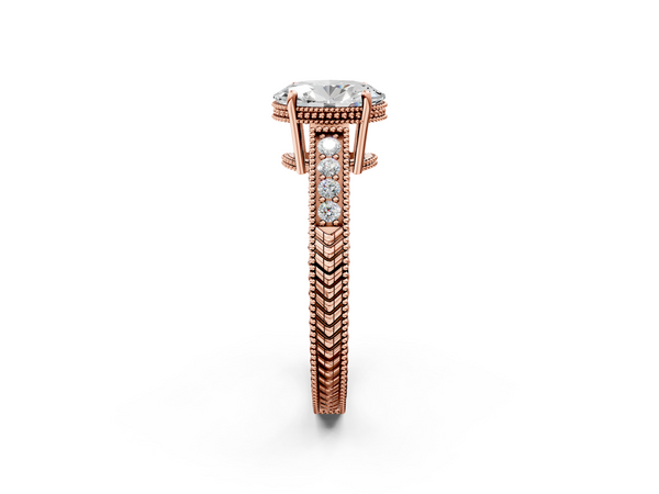 Rose gold Oval Cut Diamond Engagement Ring with Milgrain Channel Set Band and Prong Setting