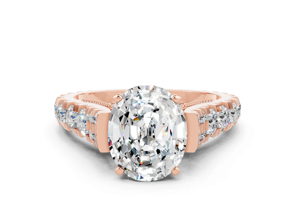 Rose gold Oval Cut Moissanite Classic Solitaire Ring with Pavé Band and Four-Prong Setting