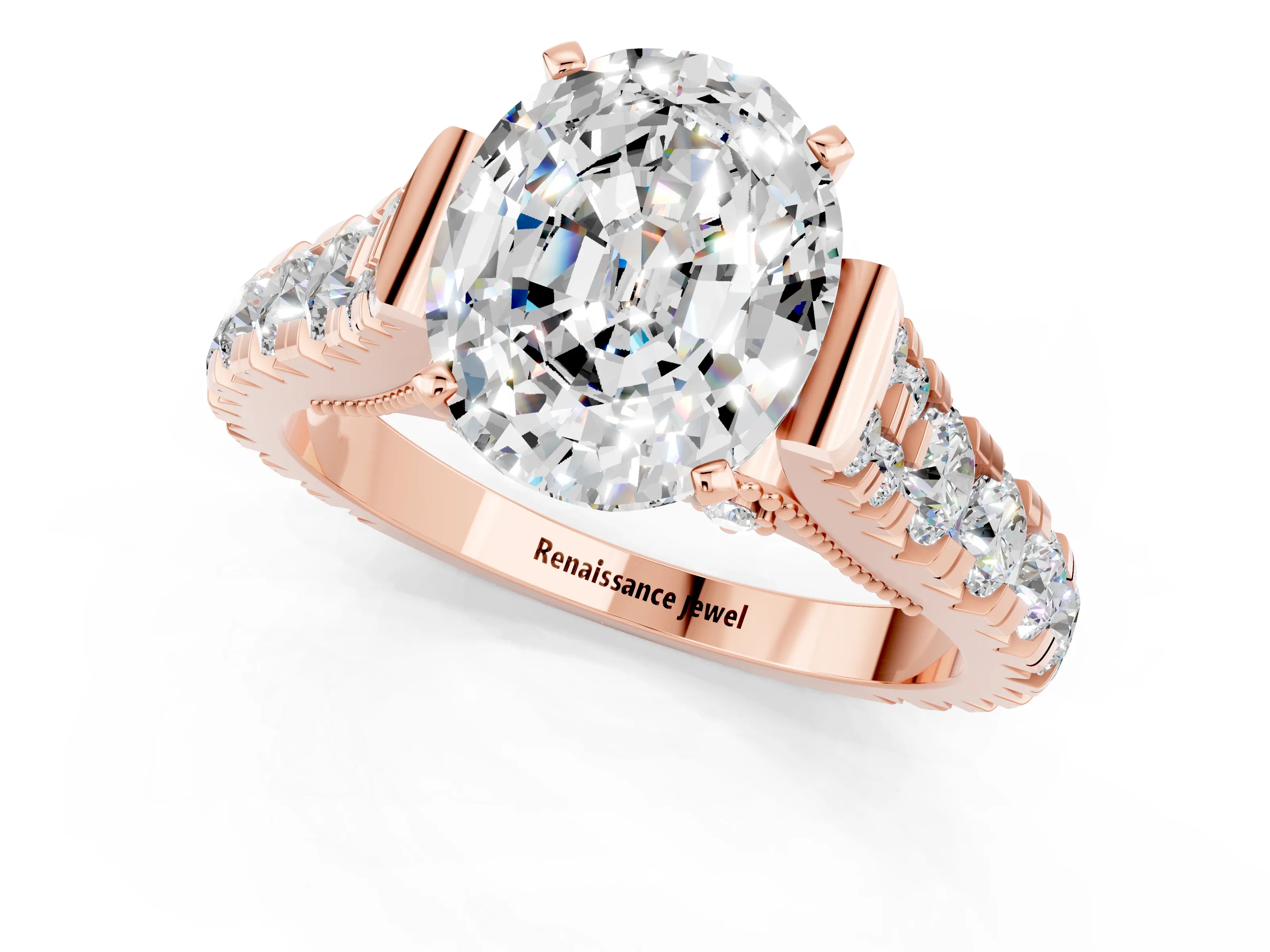Rose gold Oval Cut Moissanite Classic Solitaire Ring with Pavé Band and Four-Prong Setting_1
