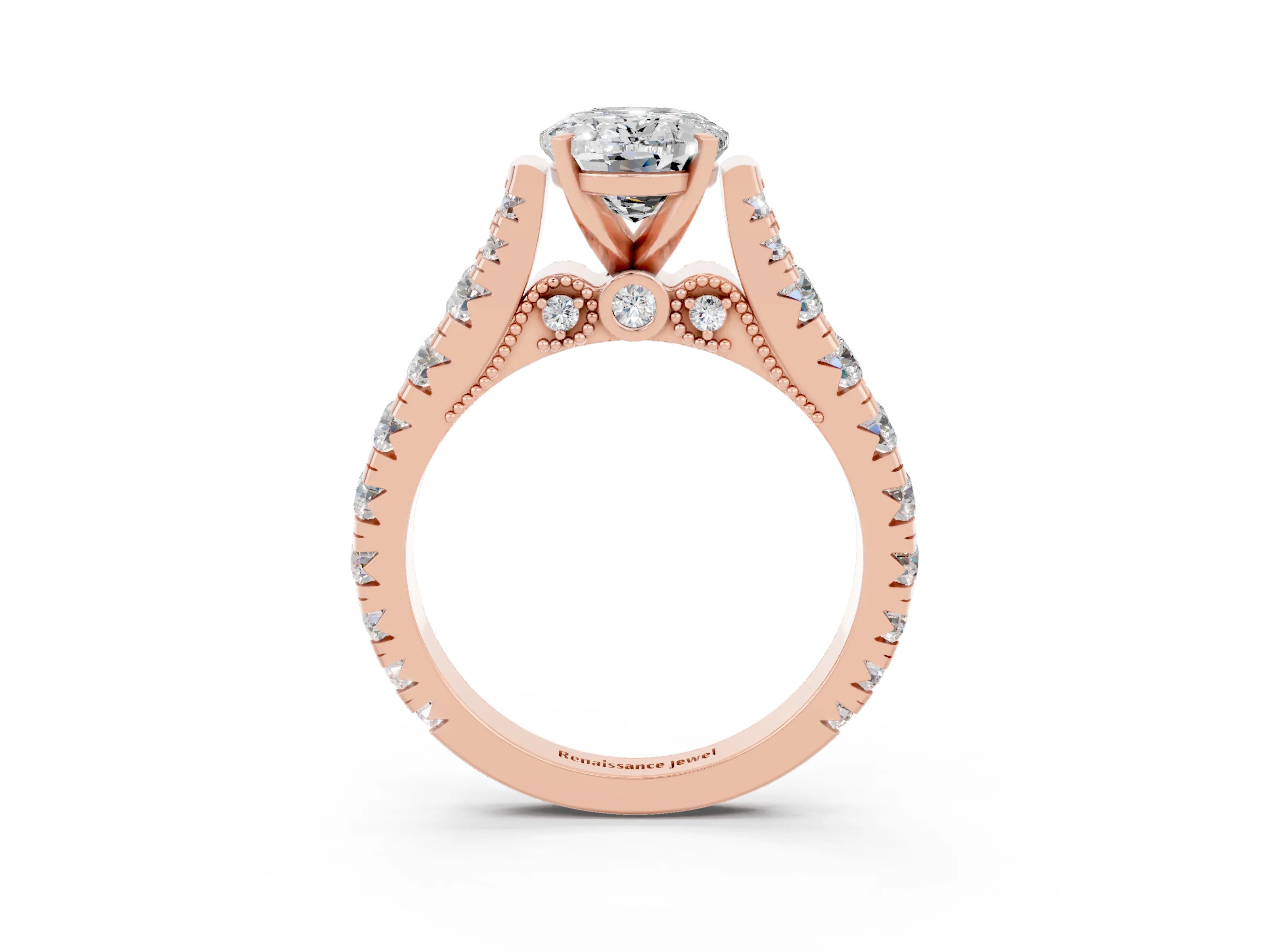Rose gold Oval Cut Moissanite Classic Solitaire Ring with Pavé Band and Four-Prong Setting_3